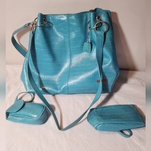 Simply Go Aqua Blue Croc-Embossed Tote Bag 3 Piece Set Minor Dicoloration